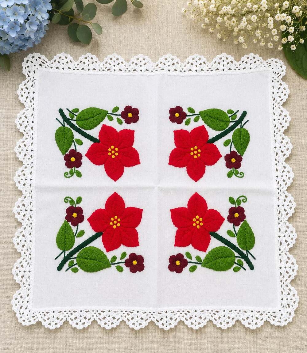 Vintage Handmade Mexican Embroidered Servilleta Floral Lace Trim 17x17 - Picture 1 of 4